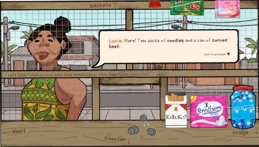 Lucia ordering at the sari-sari store counter with the central serving window
